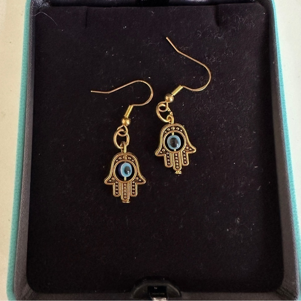 Gold Blue Evil Eye Hands Earrings